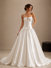 Ivory Sculpted Satin Bridal Gown - Elegant Back Train Corset Wedding Dress