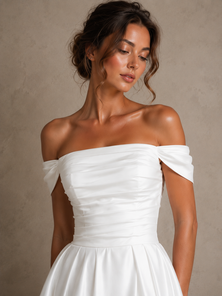 Elegant off shoulder satin wedding guest dress with lace-up back and midi skirt
