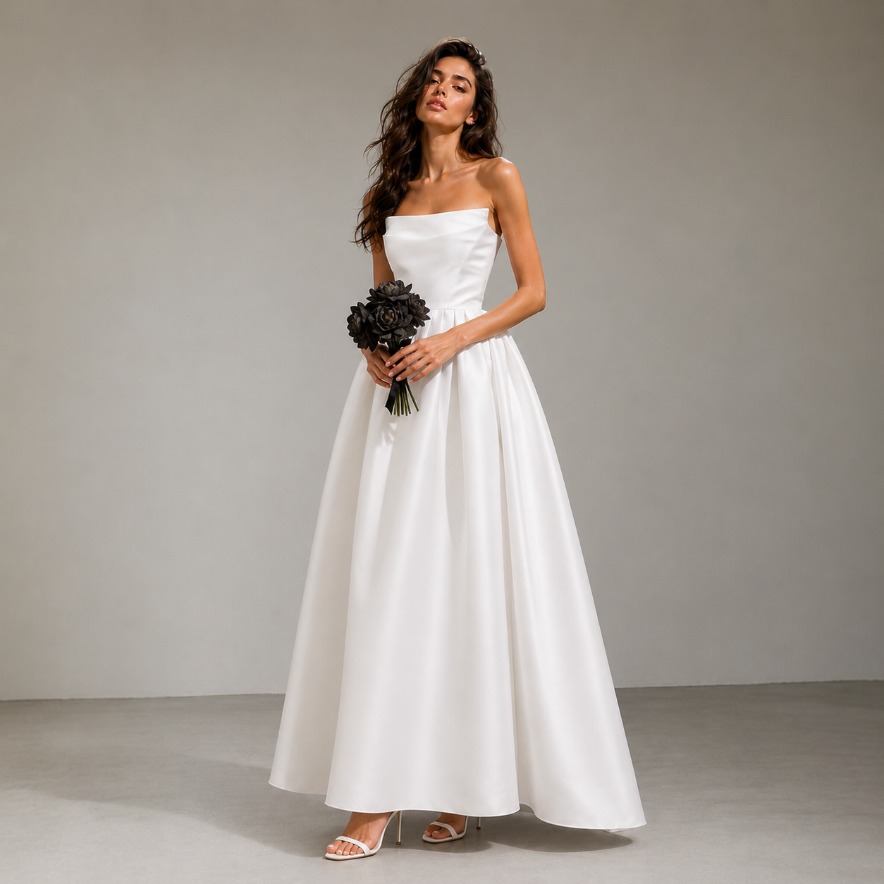 Elegant Satin Strapless Wedding Gown - Minimalist French Bridal Dress with Sculpted Bodice & Full Skirt