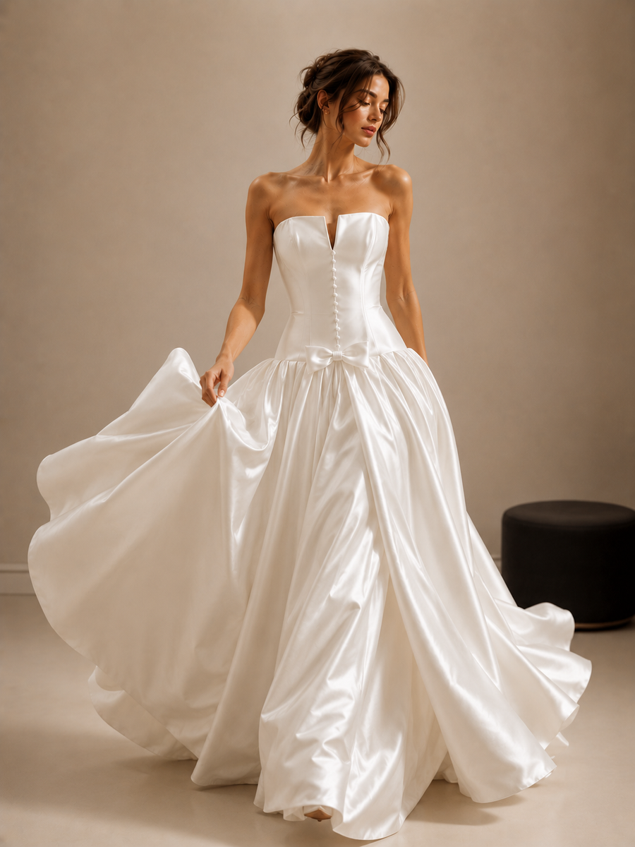 Ivory Sculpted Satin Bridal Gown - Elegant Back Train Corset Wedding Dress