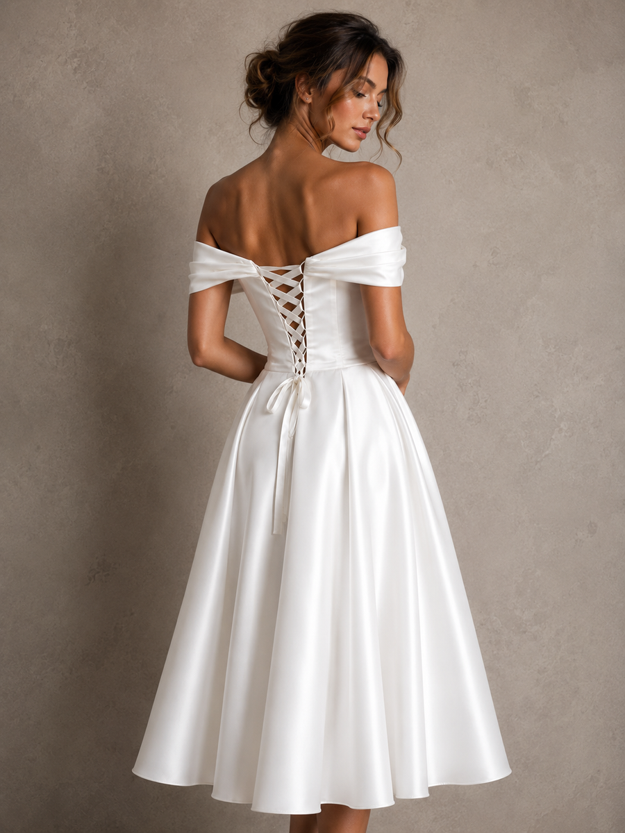 Elegant off shoulder satin midi wedding guest dress with lace-up back and front slit