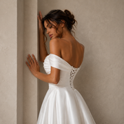Elegant off shoulder satin wedding guest dress with lace-up back and pleated bodice