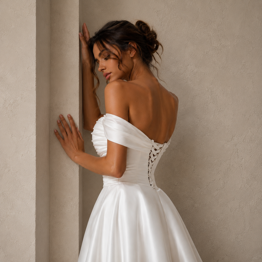 Elegant off shoulder satin wedding guest dress with lace-up back and pleated bodice