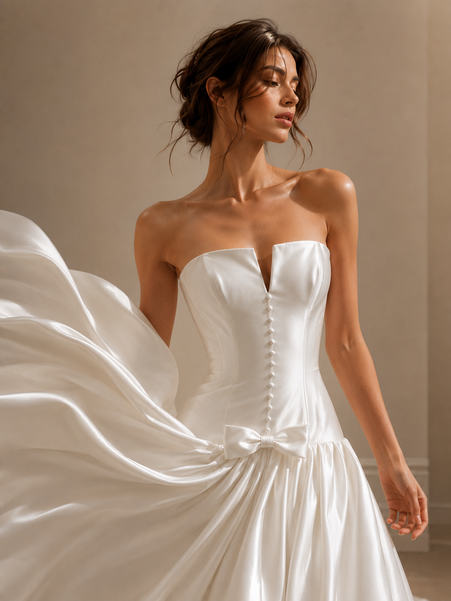 Ivory Sculpted Satin Bridal Gown - Elegant Back Train Corset Wedding Dress