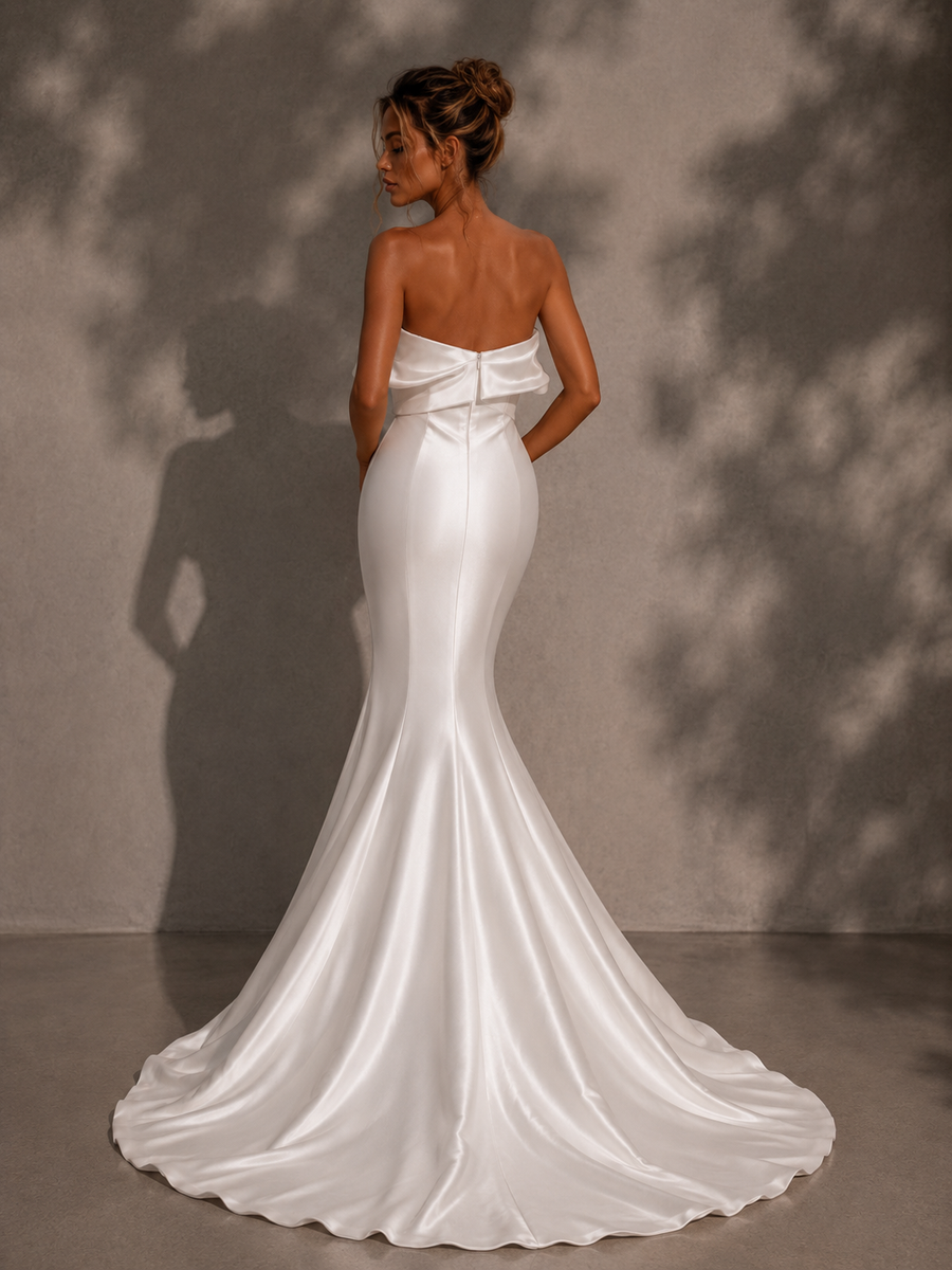 Ivory sculpted satin mermaid wedding guest dress with organza folded bust and floor-length train