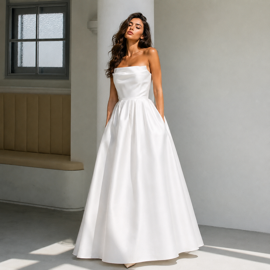 Elegant satin strapless wedding dress with sculpted bodice and full skirt in minimalist bridal style