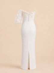 Ivory satin strapless off shoulder wedding dress with 3D floral appliqués and minimalist sheath silhouette