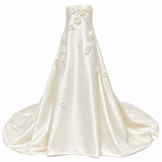 Ivory Satin Floral Appliqué Strapless Gown - Minimalist Couture A-Line Wedding Dress