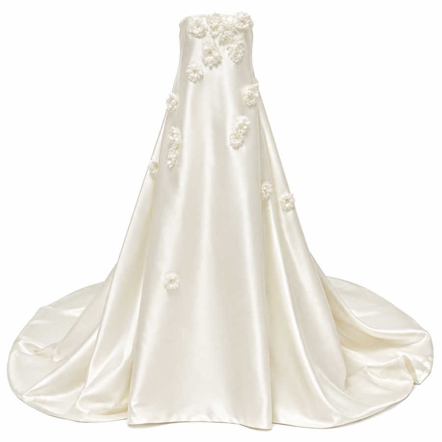 Ivory Satin Floral Appliqué Strapless Gown - Minimalist Couture A-Line Wedding Dress