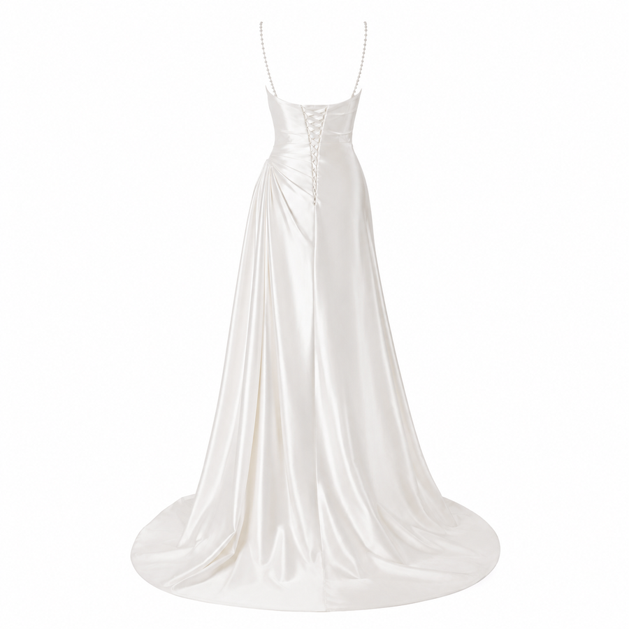 Pearl Strap Satin Backless Maxi Dress - Luxury Draped Silk Feel Evening Gown