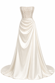 Elegant ivory satin draped strapless wedding dress with lace corset and cathedral train