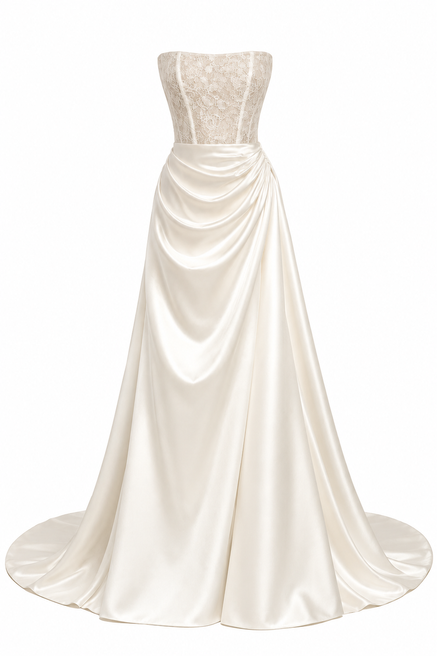 Elegant ivory satin draped strapless wedding dress with lace corset and cathedral train