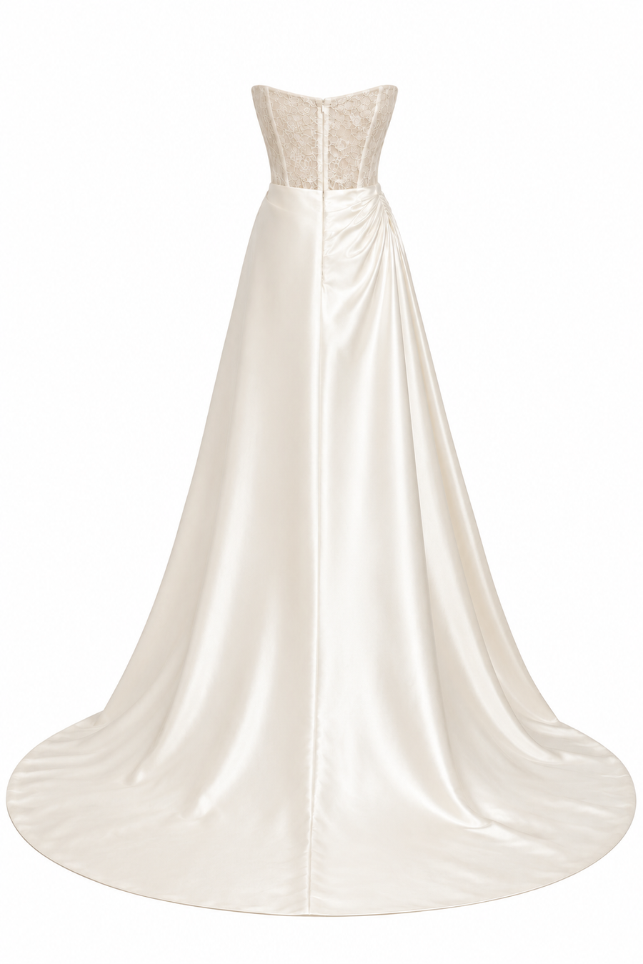 Strapless ivory satin draped wedding dress with lace corset and cathedral train