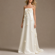 Ivory Satin Floral Appliqué Strapless Gown - Minimalist Couture A-Line Wedding Dress