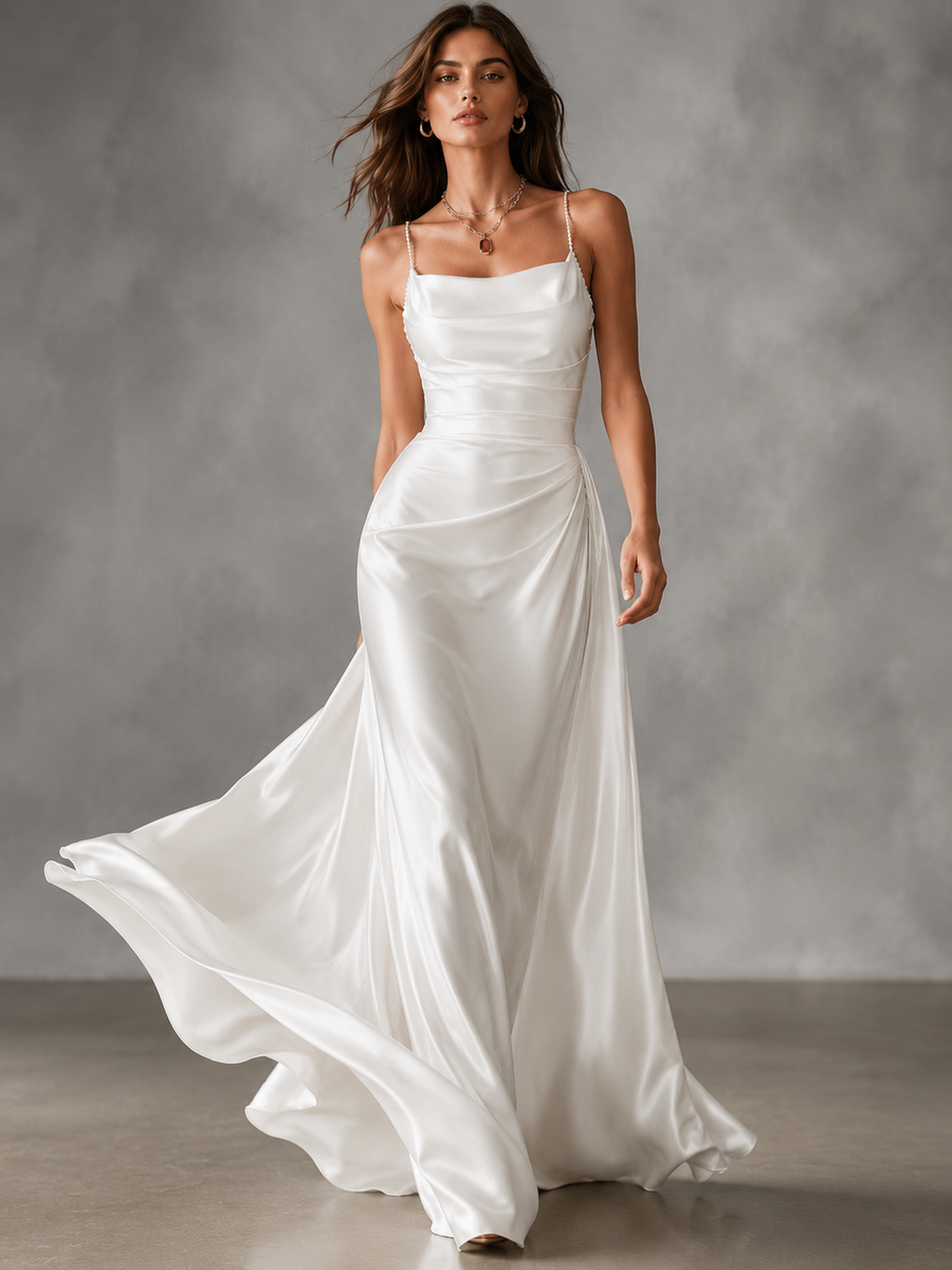 Pearl Strap Satin Backless Maxi Dress - Luxury Draped Silk Feel Evening Gown