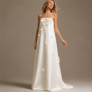 Ivory Satin Floral Appliqué Strapless Gown - Minimalist Couture A-Line Wedding Dress