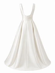 Ivory satin princess dress with square neckline and open back bridal gown