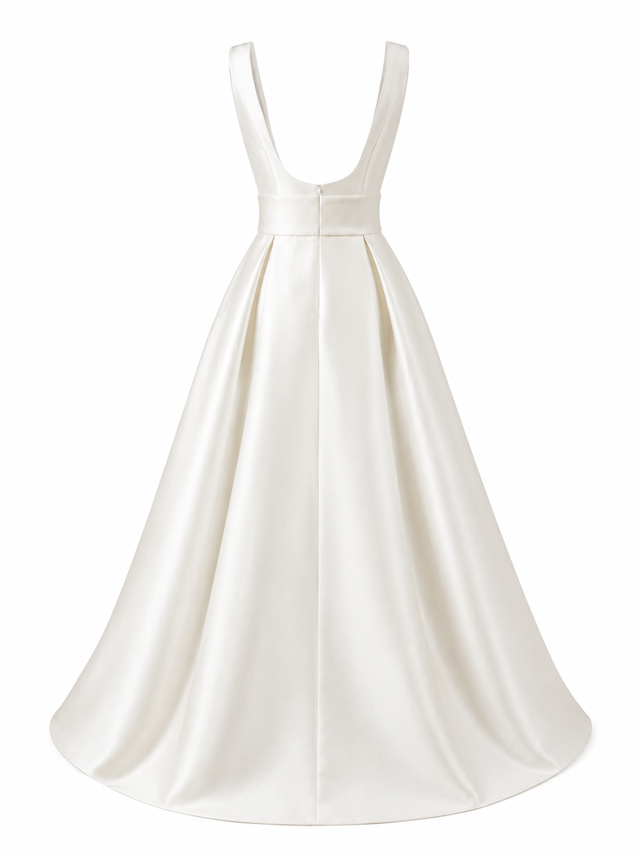 Ivory satin princess dress with square neckline and open back bridal gown