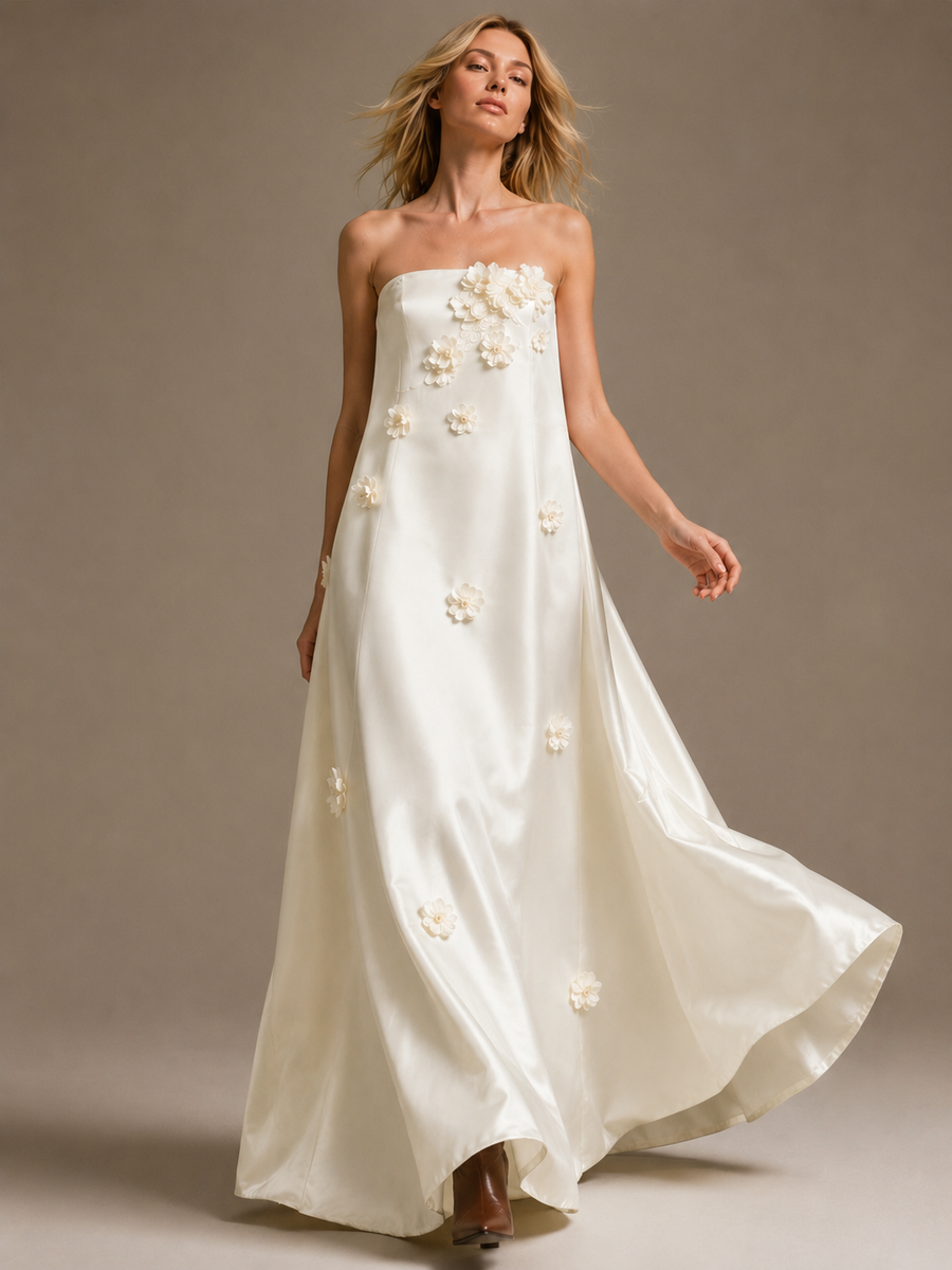 Ivory Satin Floral Appliqué Strapless Gown - Minimalist Couture A-Line Wedding Dress