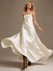 Ivory Satin Floral Appliqué Strapless Gown - Minimalist Couture A-Line Wedding Dress