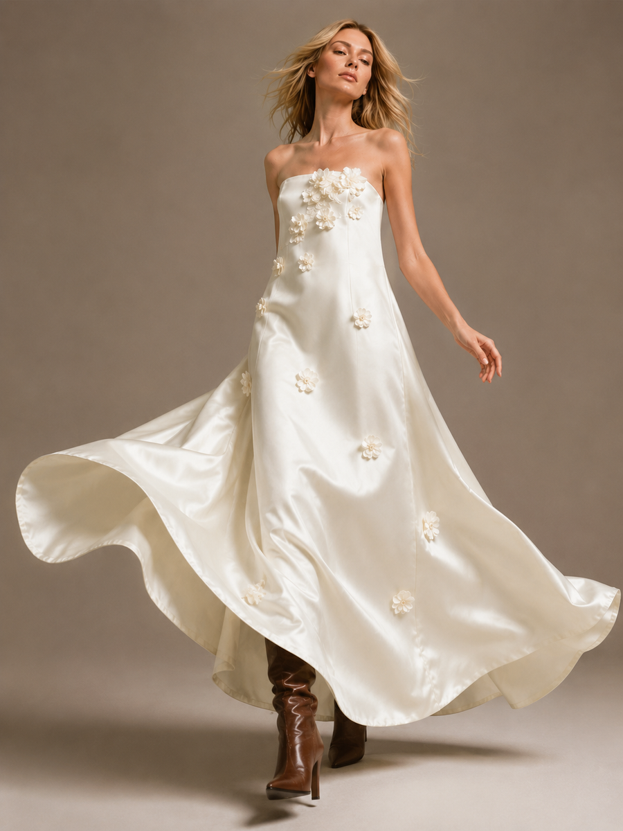 Ivory Satin Floral Appliqué Strapless Gown - Minimalist Couture A-Line Wedding Dress