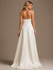 Ivory Satin Floral Appliqué Strapless Gown - Minimalist Couture A-Line Wedding Dress