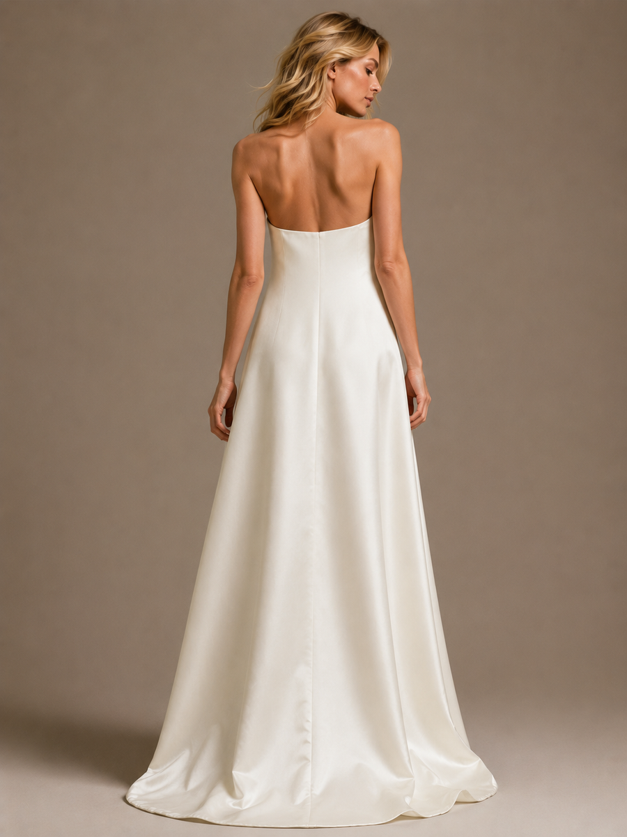 Ivory Satin Floral Appliqué Strapless Gown - Minimalist Couture A-Line Wedding Dress