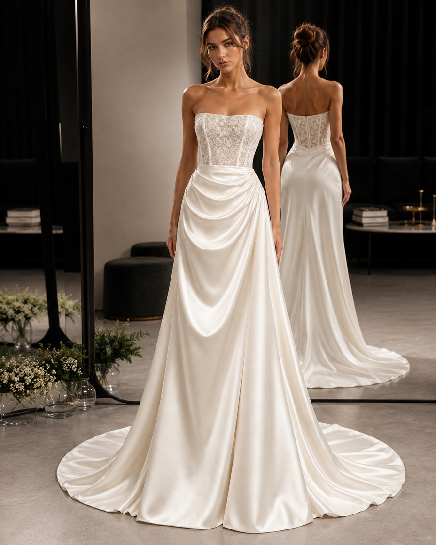 Ivory satin draped strapless wedding dress with lace corset and cathedral train