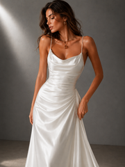 Pearl Strap Satin Backless Maxi Dress - Luxury Draped Silk Feel Evening Gown