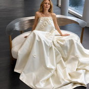 Ivory Satin Floral Appliqué Strapless Gown - Minimalist Couture A-Line Wedding Dress