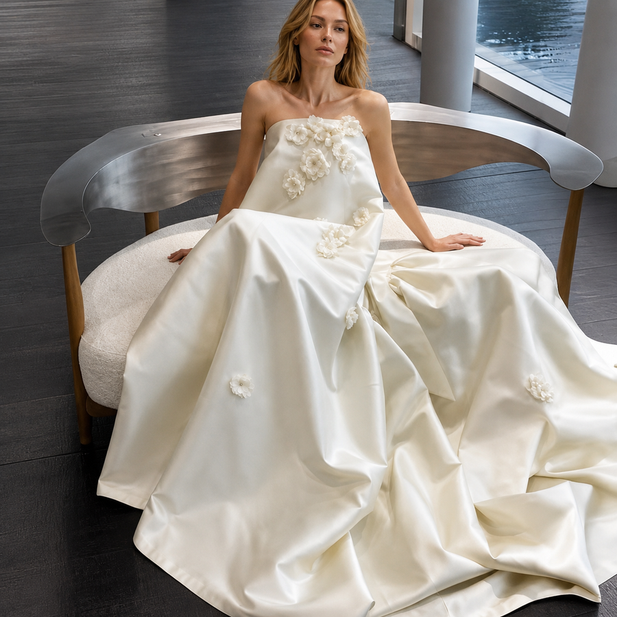 Ivory Satin Floral Appliqué Strapless Gown - Minimalist Couture A-Line Wedding Dress