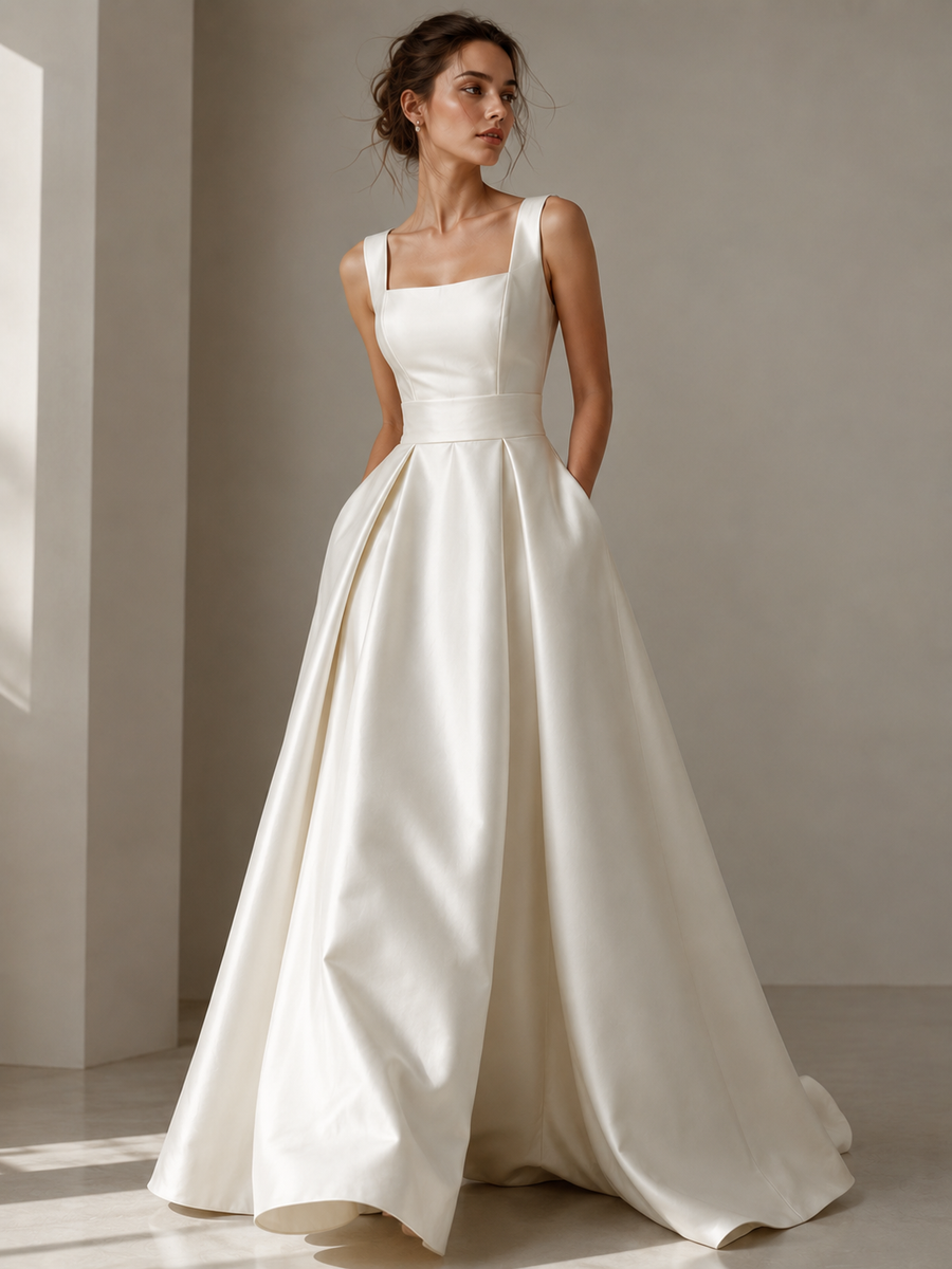 Ivory satin princess dress with square neckline and open back bridal gown