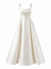 Ivory satin princess dress with square neckline and open back bridal gown