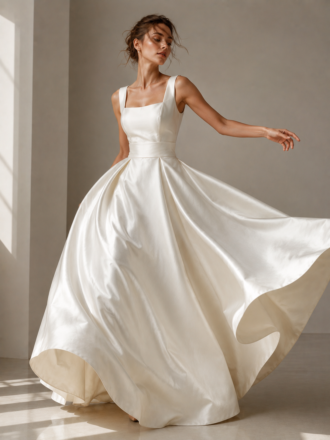 Ivory Satin Princess Wedding Gown - Minimalist Square Neck Open Back Bridal Dress