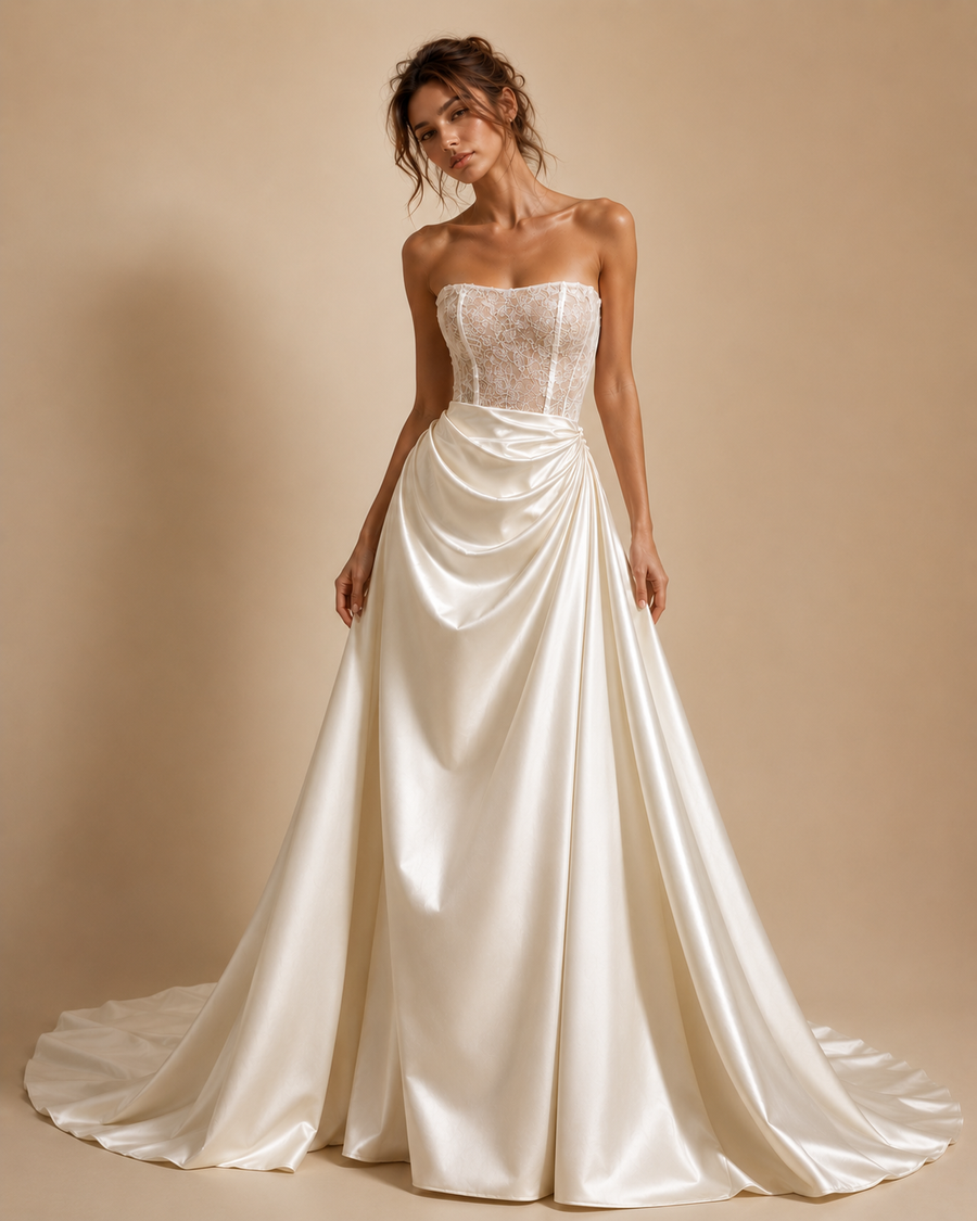 Ivory satin draped strapless wedding dress with lace corset and cathedral train
