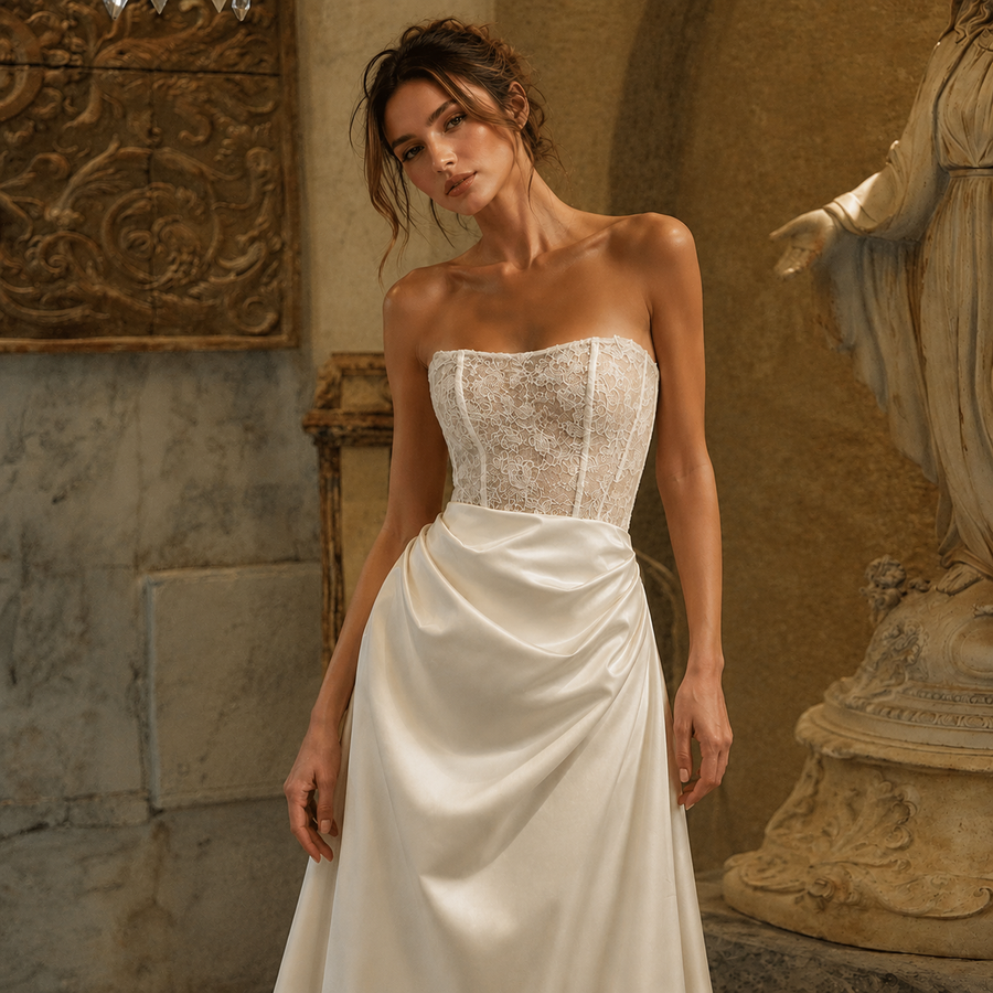Ivory satin draped strapless wedding dress with lace corset and cathedral train on model