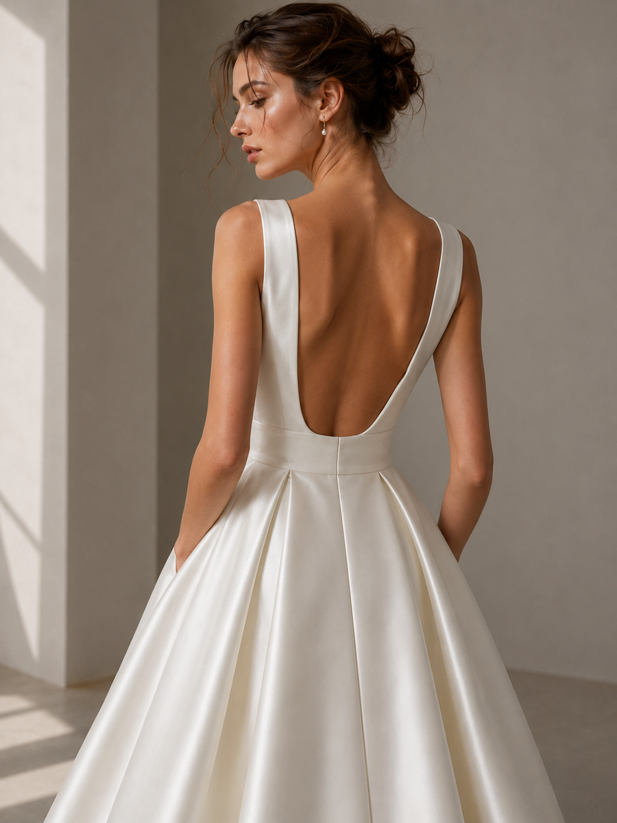 Ivory satin princess dress with square neckline and open back bridal gown