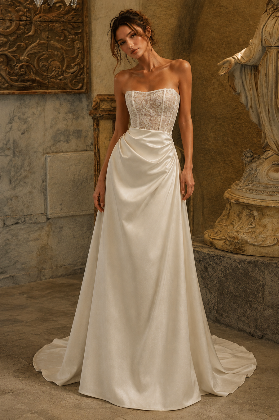 Ivory satin draped strapless wedding dress with lace corset and cathedral train on model