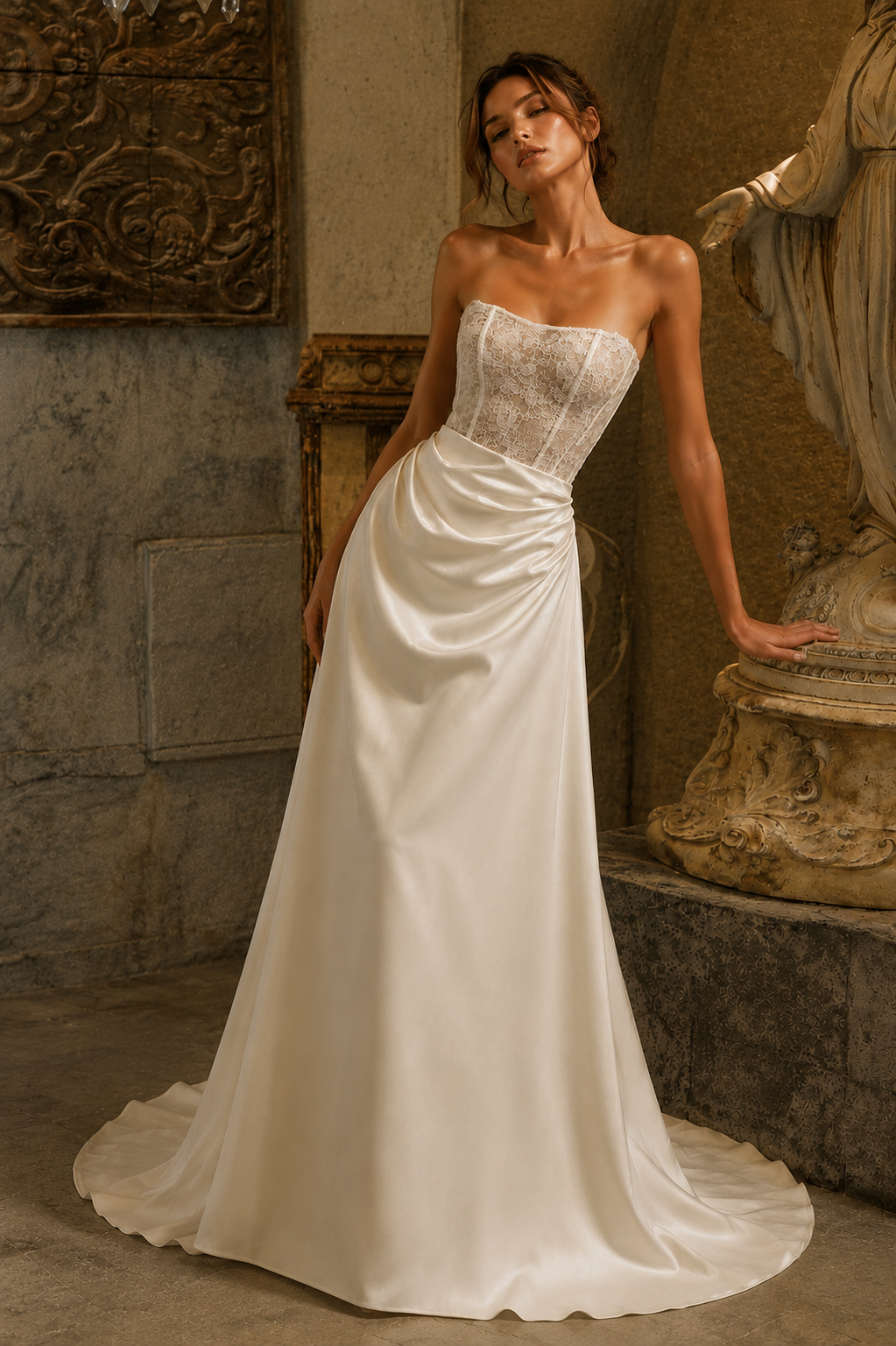 Ivory Satin Draped Wedding Gown - Strapless Lace Corset Bridal Dress with Cathedral Train