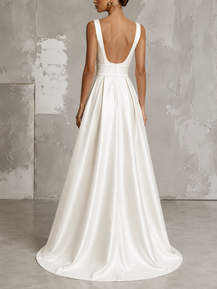 Ivory satin princess dress with minimalist square neck and open back bridal gown