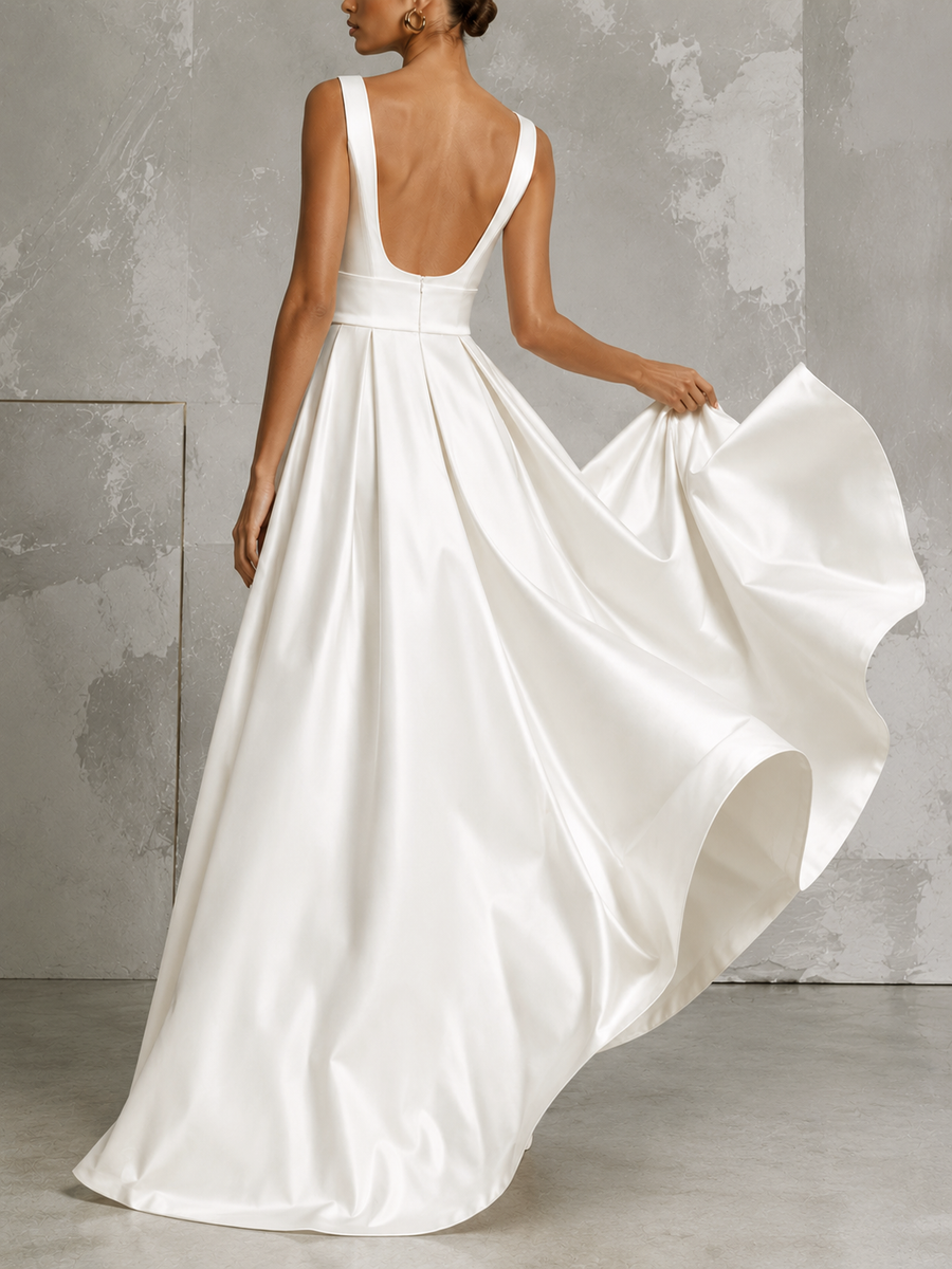 Ivory satin princess dress with square neckline and open back bridal gown