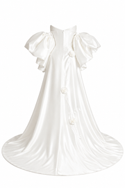 Ivory Satin Sculptural Bridal Gown - Dramatic Puff Sleeve Couture Wedding Dress