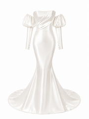 Elegant pearl satin off-shoulder mermaid wedding guest dress with puff sleeves and fishtail hem