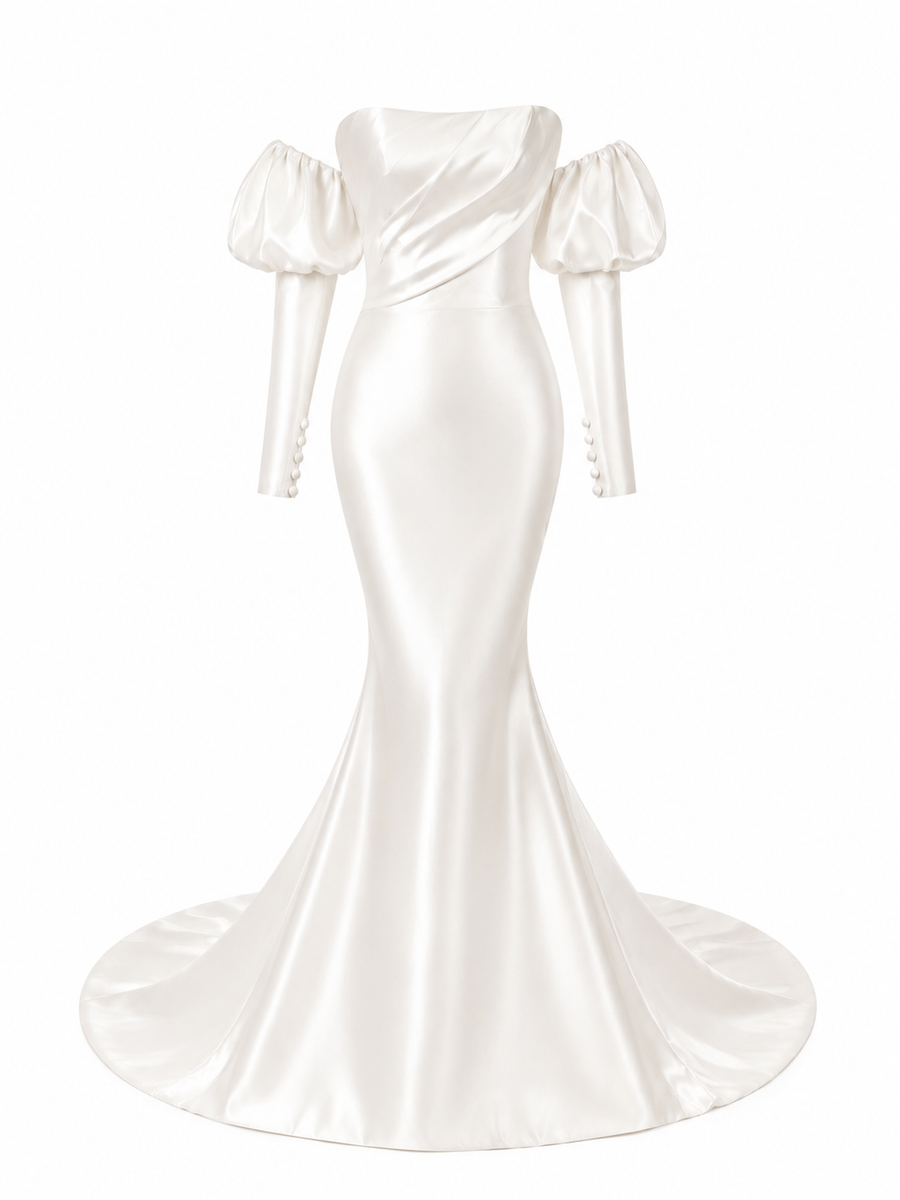Elegant pearl satin off-shoulder mermaid wedding guest dress with puff sleeves and fishtail hem