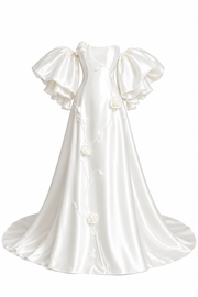 Ivory Satin Sculptural Bridal Gown - Dramatic Puff Sleeve Couture Wedding Dress