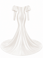 Pearl satin off-shoulder mermaid wedding guest dress with puff sleeves and fishtail hem