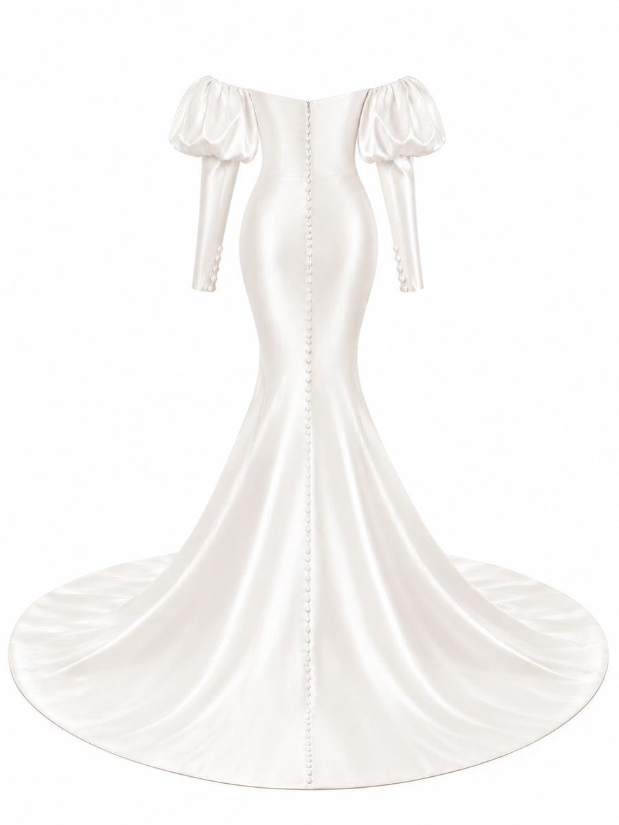 Pearl satin off-shoulder mermaid wedding guest dress with puff sleeves and fishtail hem