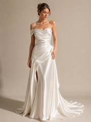 Ivory Sculpted Satin Bridal Gown - Asymmetrical Draped Couture Wedding Dress with Cathedral Train