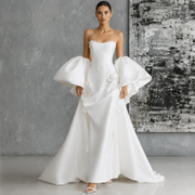 Ivory Satin Sculptural Bridal Gown - Dramatic Puff Sleeve Couture Wedding Dress