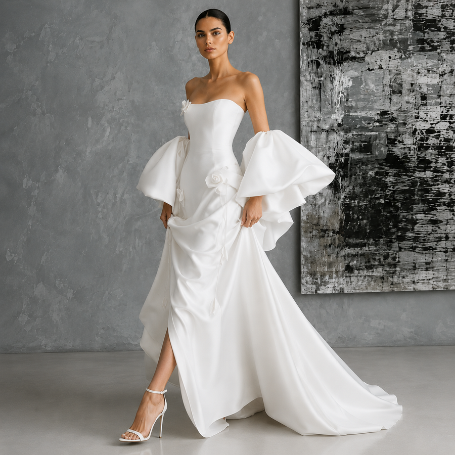 Ivory Satin Sculptural Bridal Gown - Dramatic Puff Sleeve Couture Wedding Dress